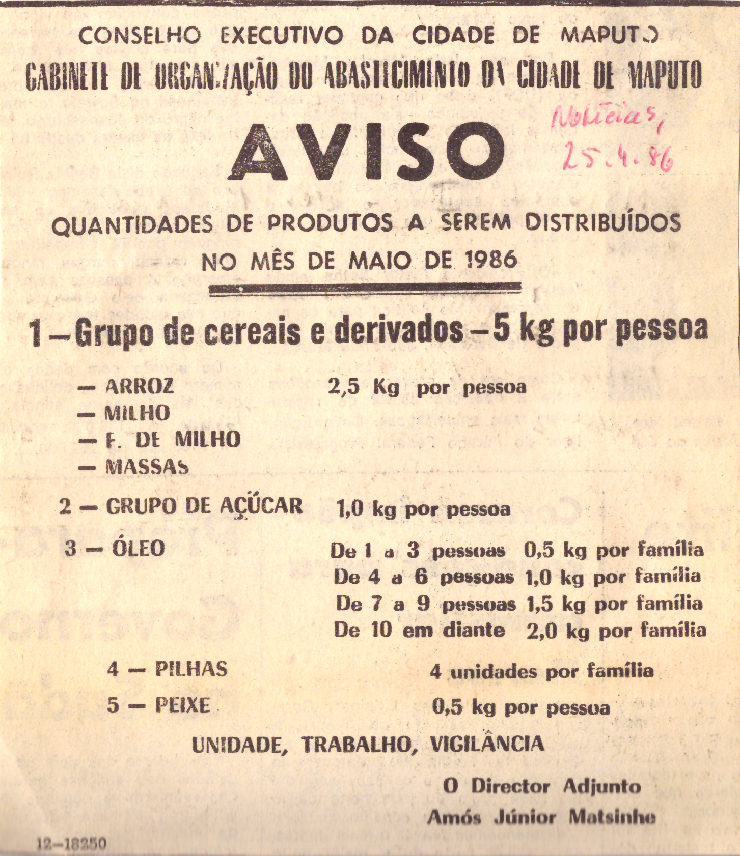 Distribuição de rações alimentares em Maputo, maio de 1986