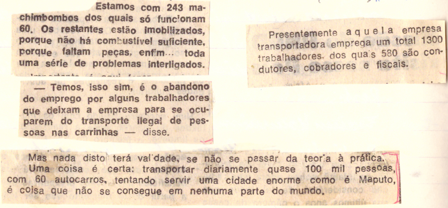 Newspaper clipping on transport problems in Maputo, April 1986