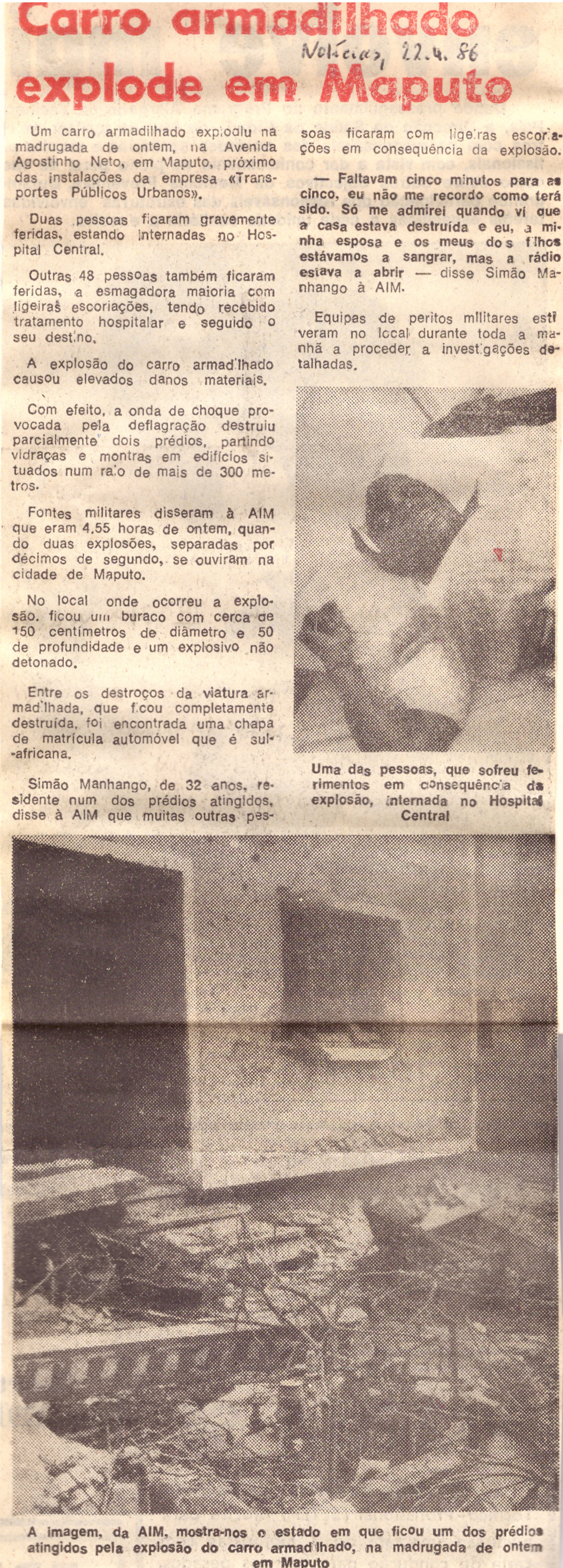 Newspaper clipping on the bomb attack in Avenida Agostinho Neto, April 1986